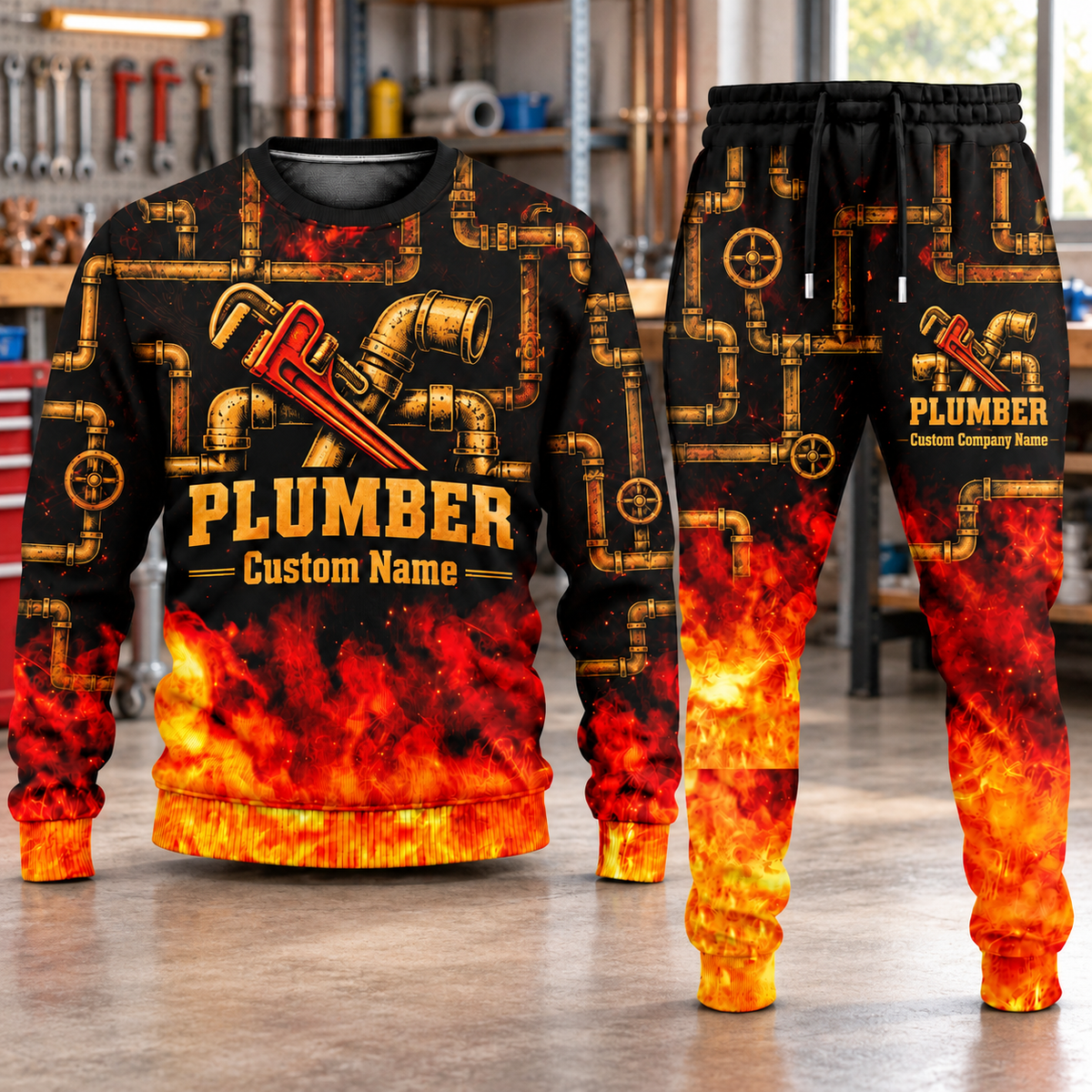 Plumber Flame Emblem sweater and jogger combo, hero view with name and company artwork