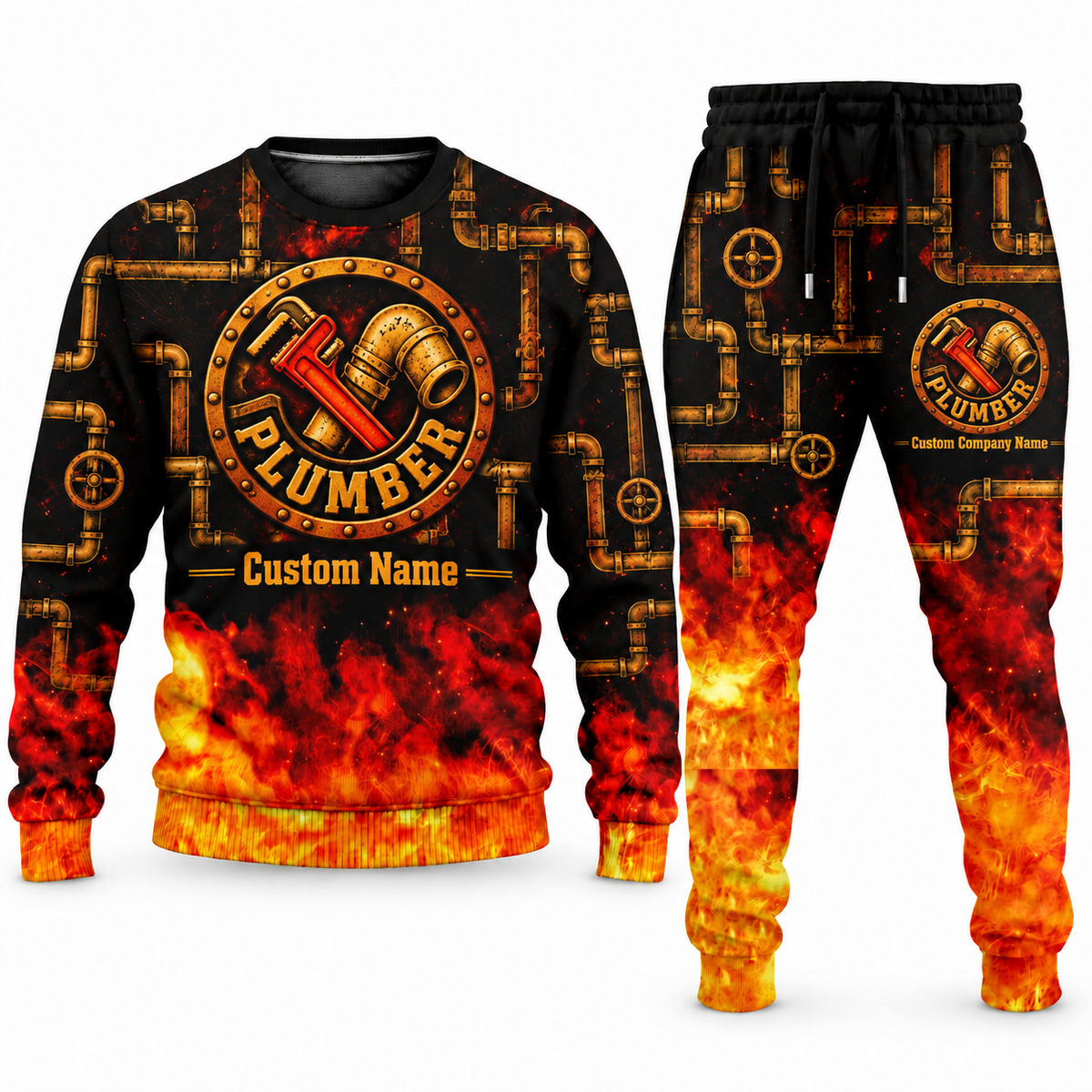 Plumber Flame Emblem sweater and jogger combo, emblem view with name and company artwork