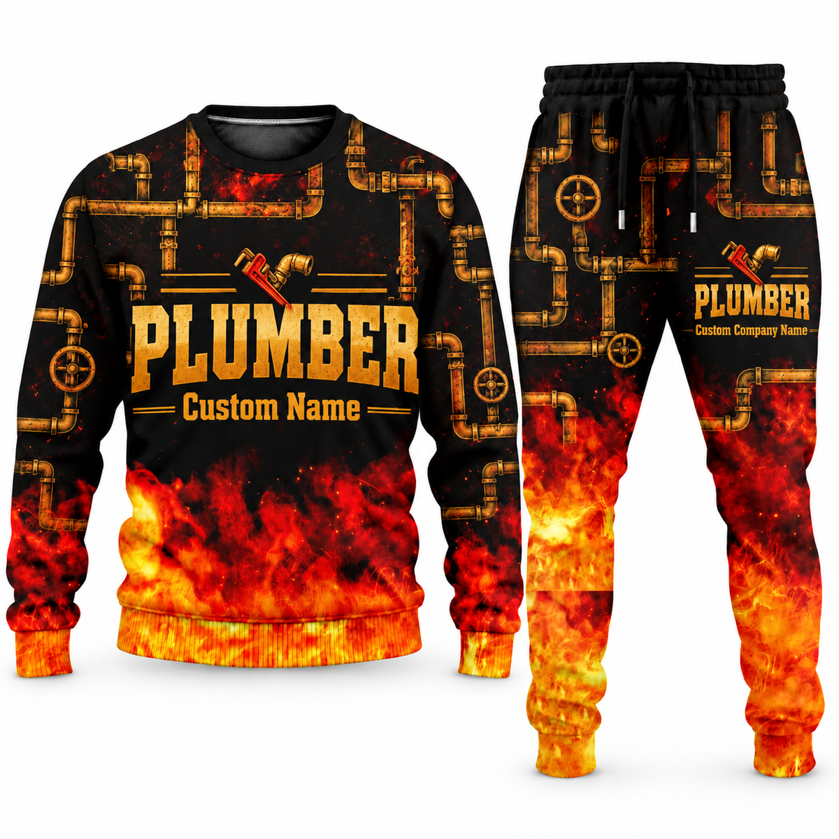 Plumber Flame Emblem sweater and jogger combo, typography view with name and company artwork