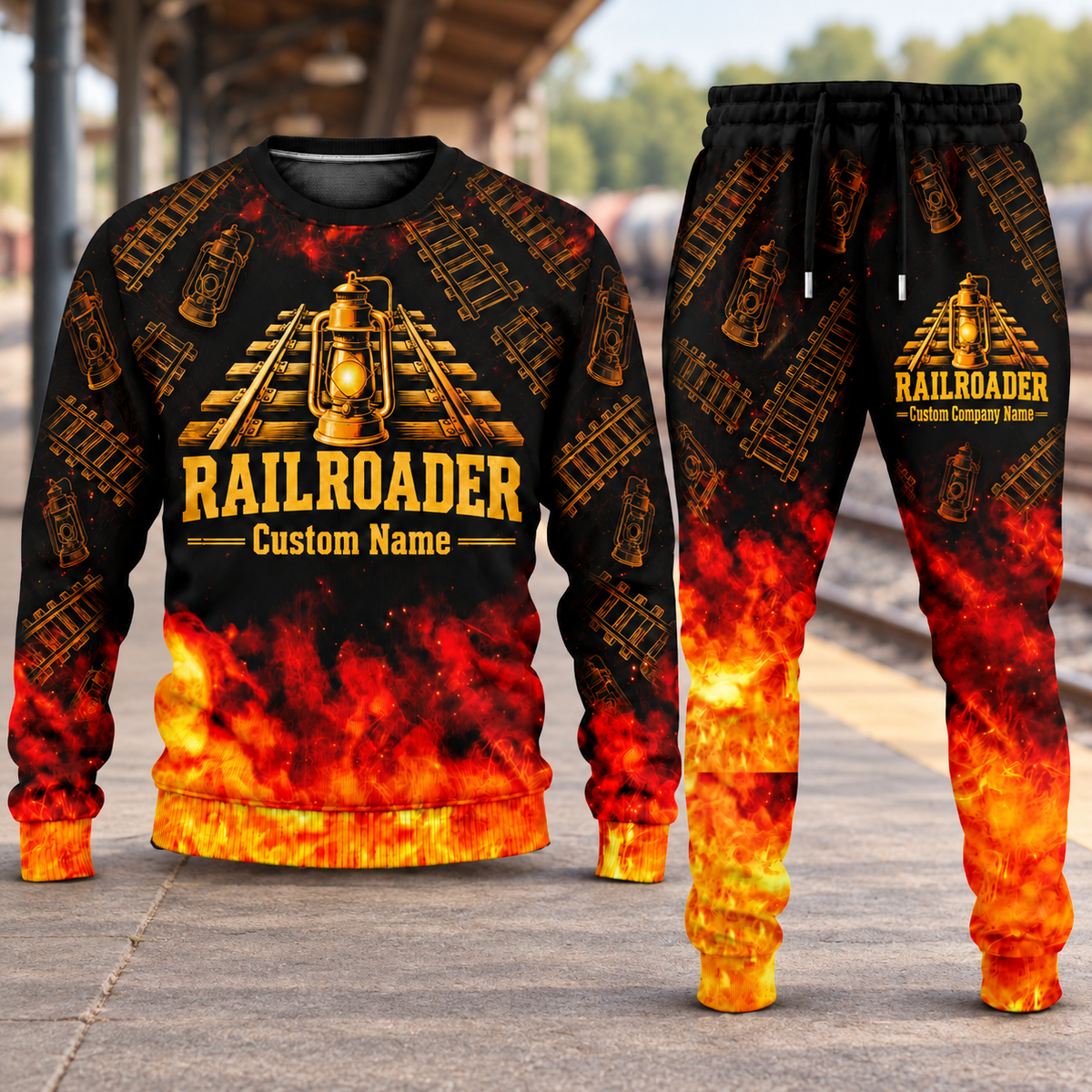 Railroader Flame Emblem sweater and jogger combo, hero view with name and company artwork
