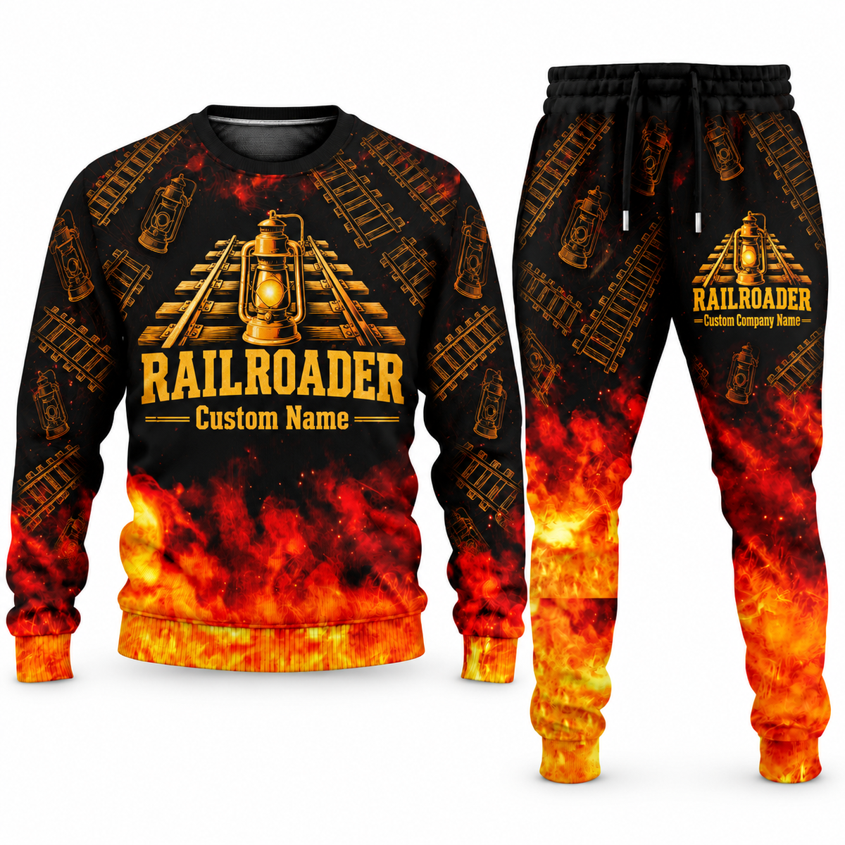 Railroader Flame Emblem sweater and jogger combo, tools view with name and company artwork