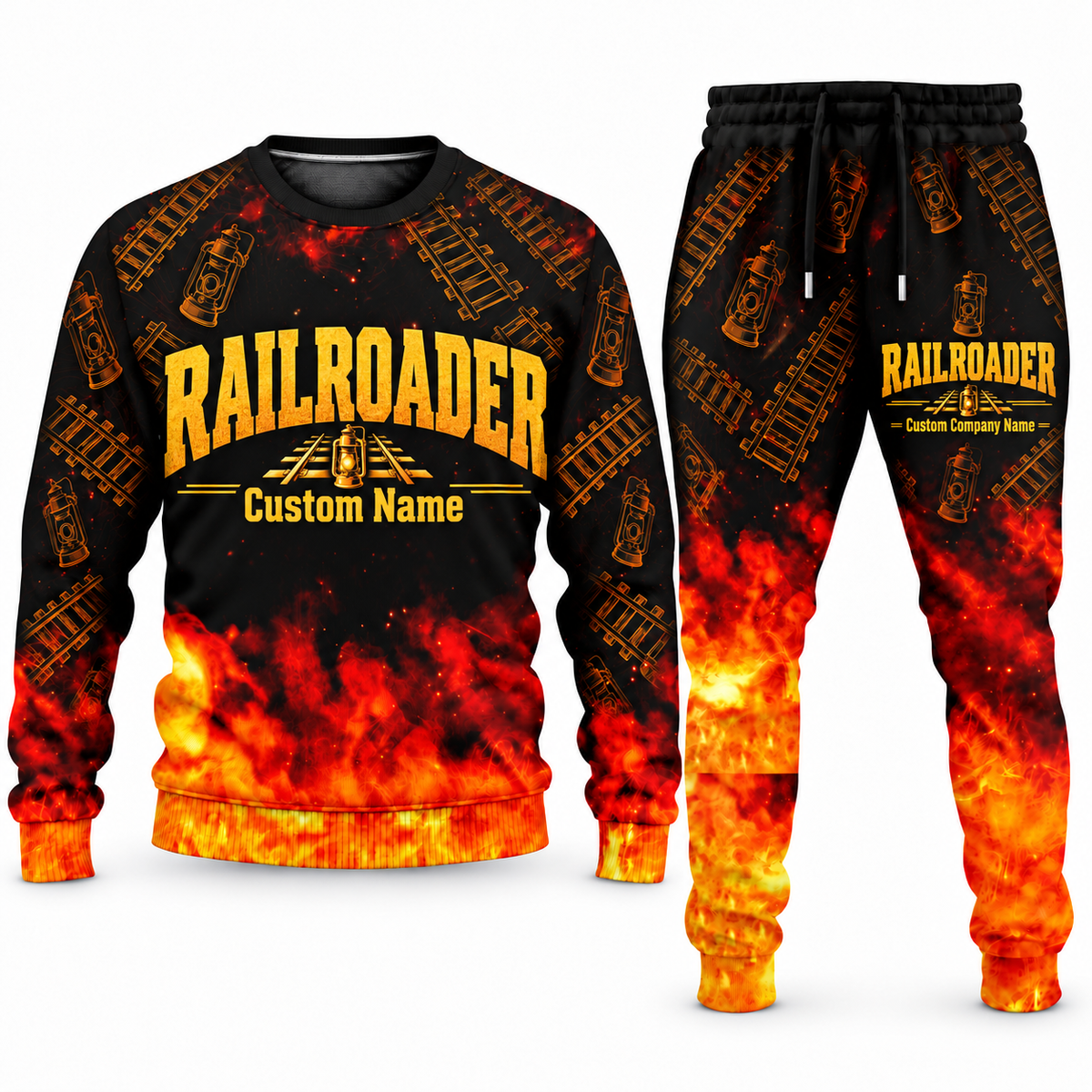 Railroader Flame Emblem sweater and jogger combo, typography view with name and company artwork