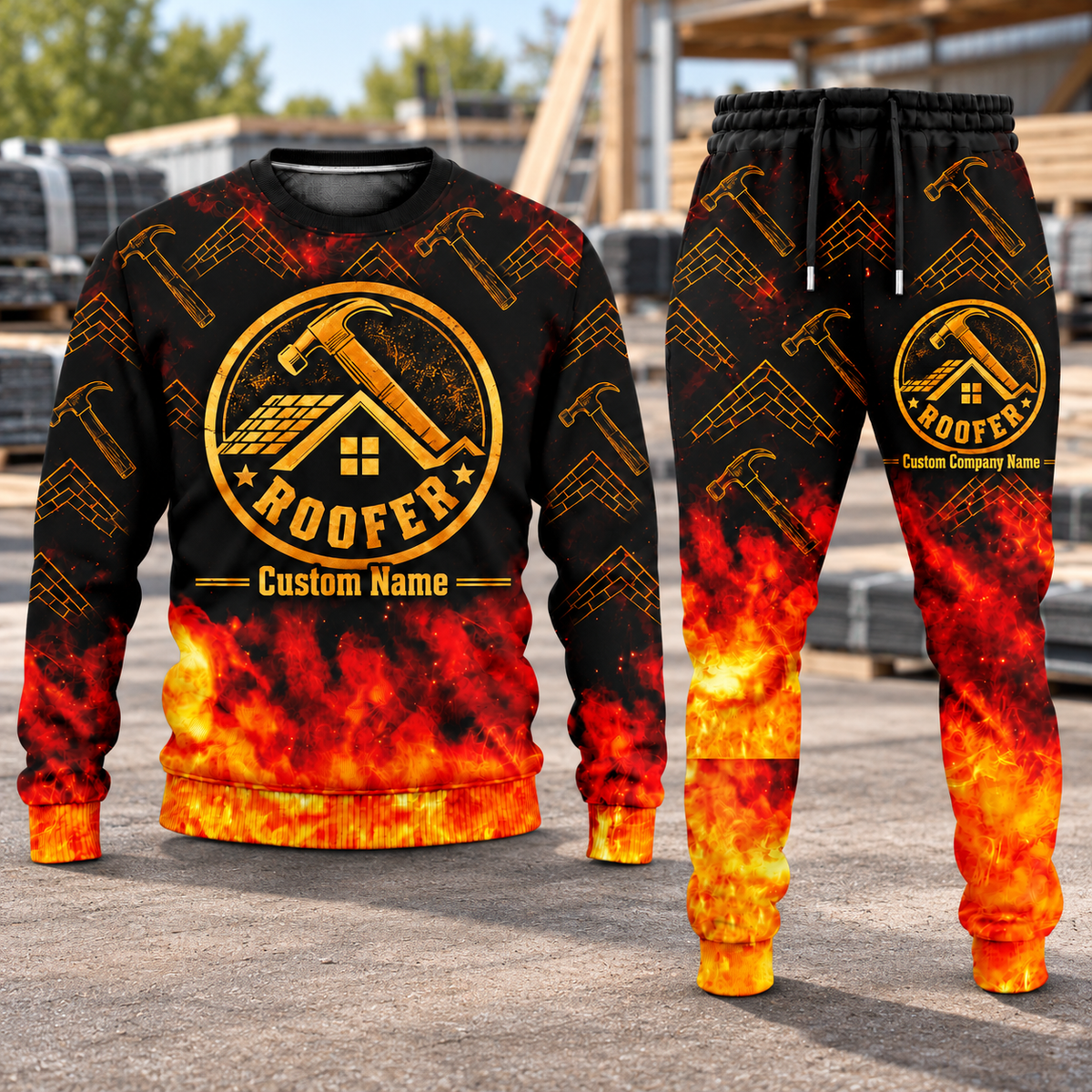 Roofer Flame Emblem sweater and jogger combo, hero view with name and company artwork