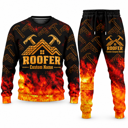 Roofer Flame Emblem sweater and jogger combo, tools view with name and company artwork