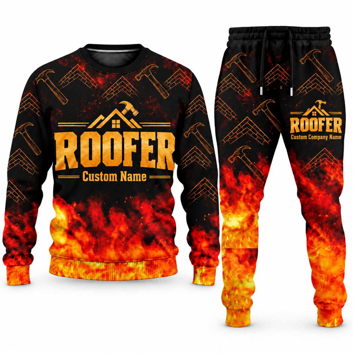 Roofer Flame Emblem sweater and jogger combo, typography view with name and company artwork