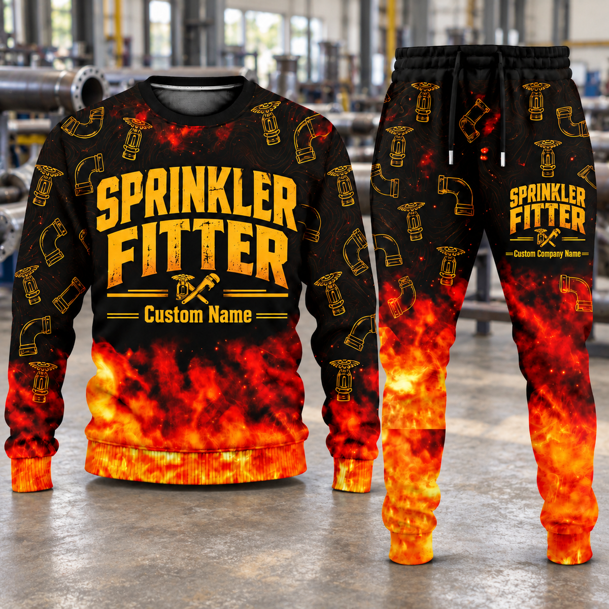Sprinkler Fitter Flame Emblem sweater and jogger combo, hero view with name and company artwork