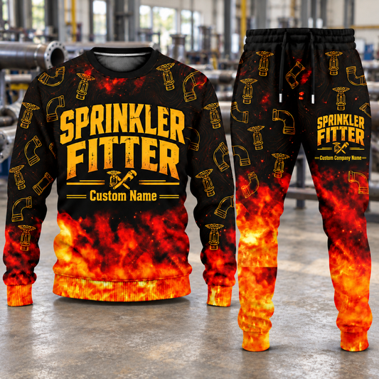 Sprinkler Fitter Flame Emblem sweater and jogger combo, hero view with name and company artwork