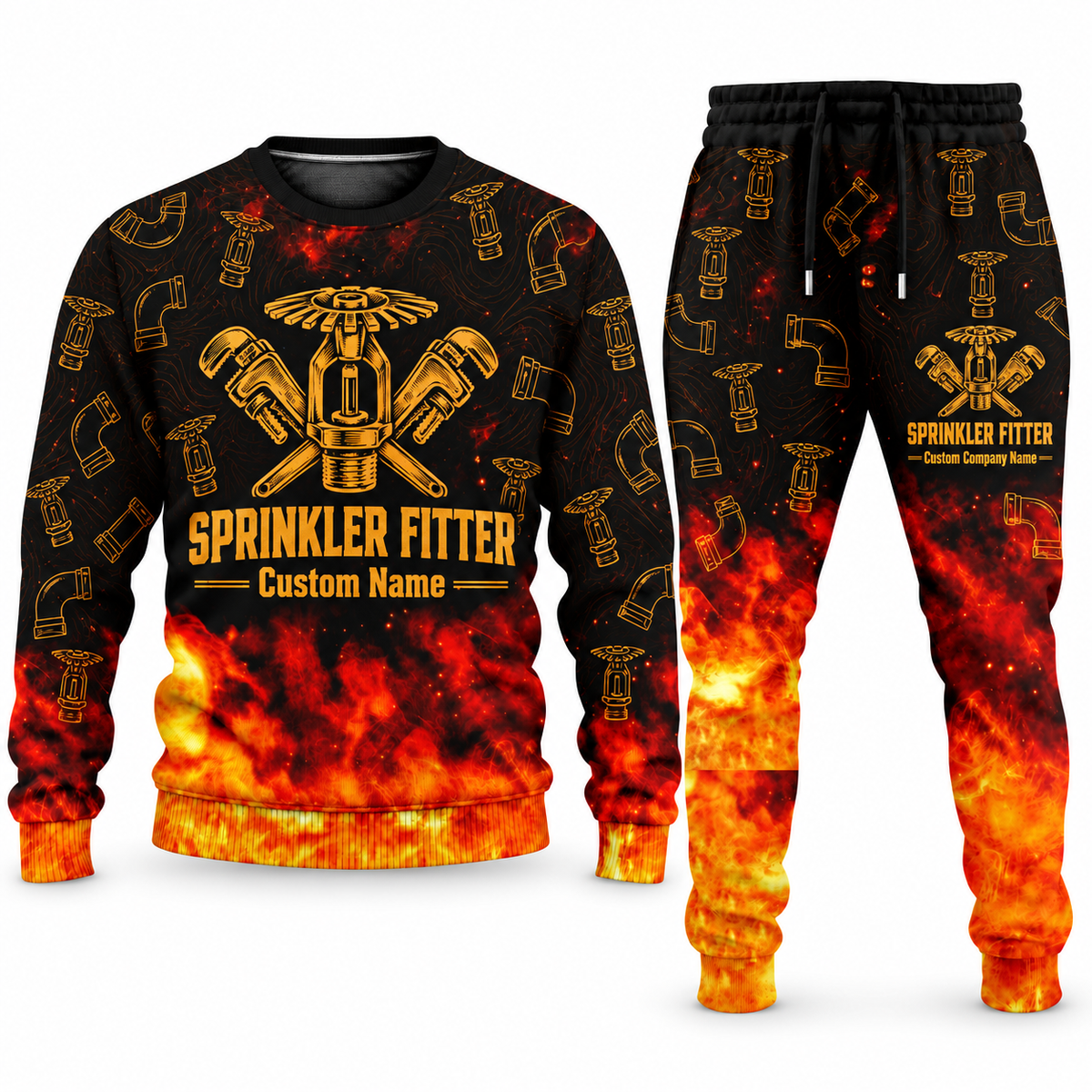 Sprinkler Fitter Flame Emblem sweater and jogger combo, tools view with name and company artwork