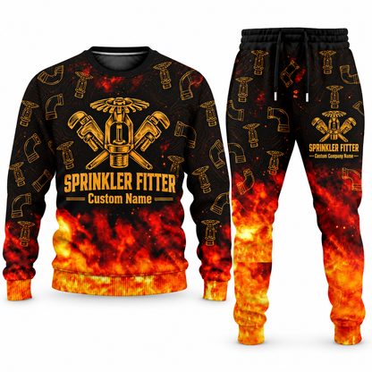 Sprinkler Fitter Flame Emblem sweater and jogger combo, tools view with name and company artwork
