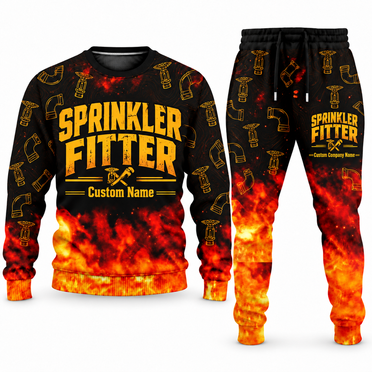 Sprinkler Fitter Flame Emblem sweater and jogger combo, typography view with name and company artwork