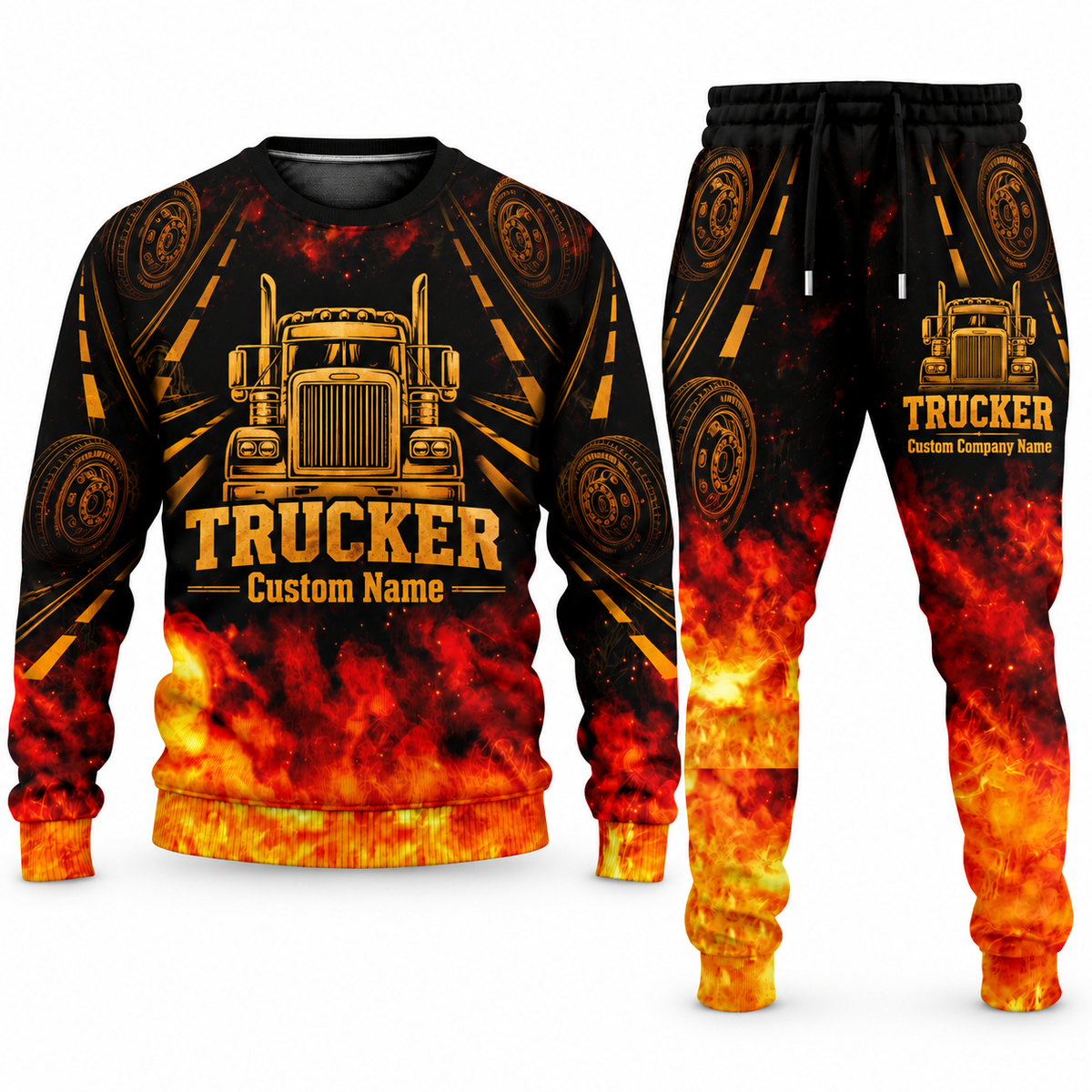 Trucker Flame Emblem sweater and jogger combo, tools view with name and company artwork