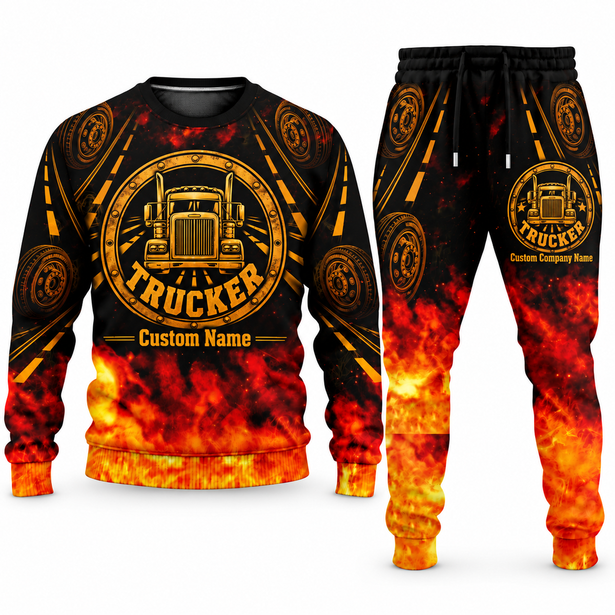 Trucker Flame Emblem sweater and jogger combo, emblem view with name and company artwork