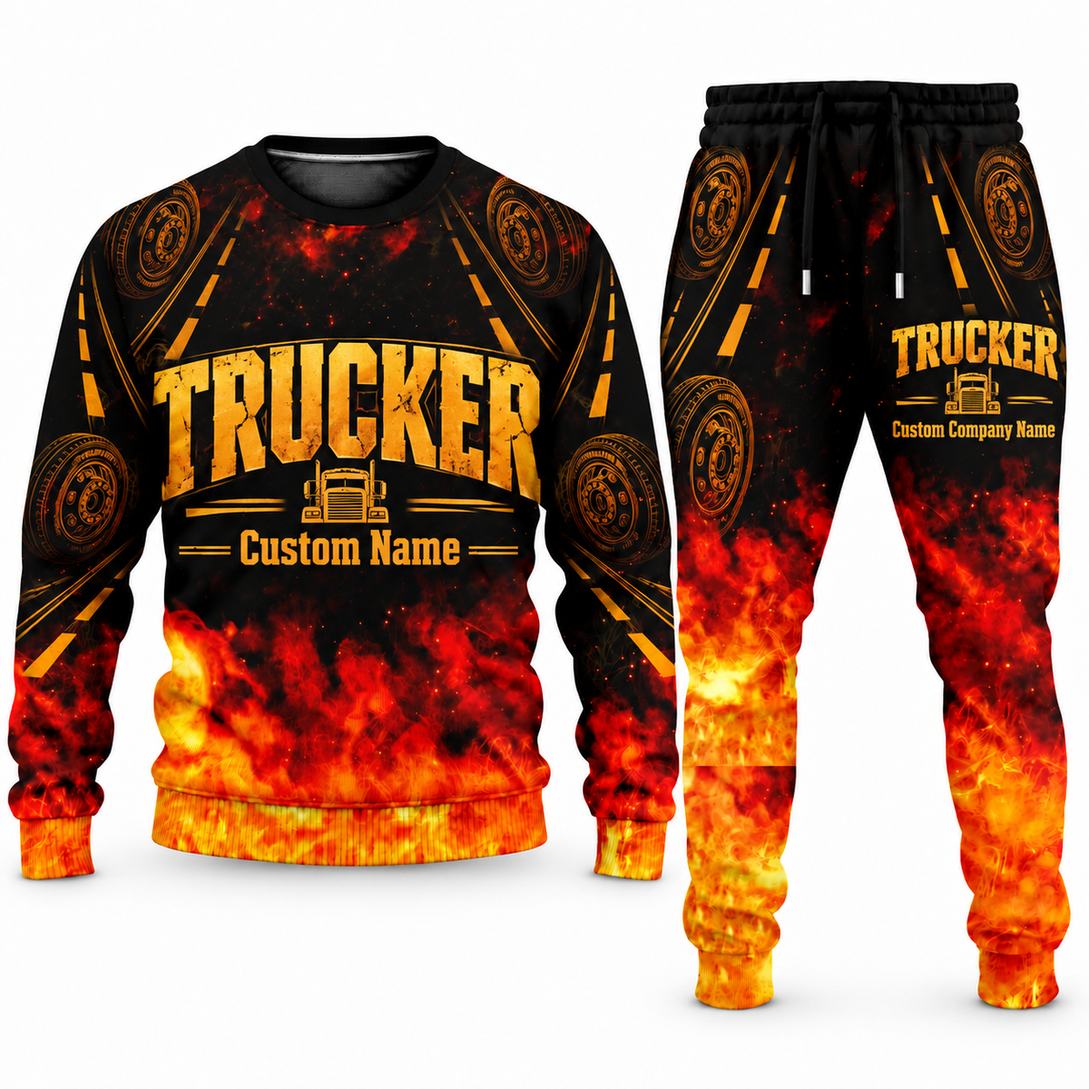 Trucker Flame Emblem sweater and jogger combo, typography view with name and company artwork