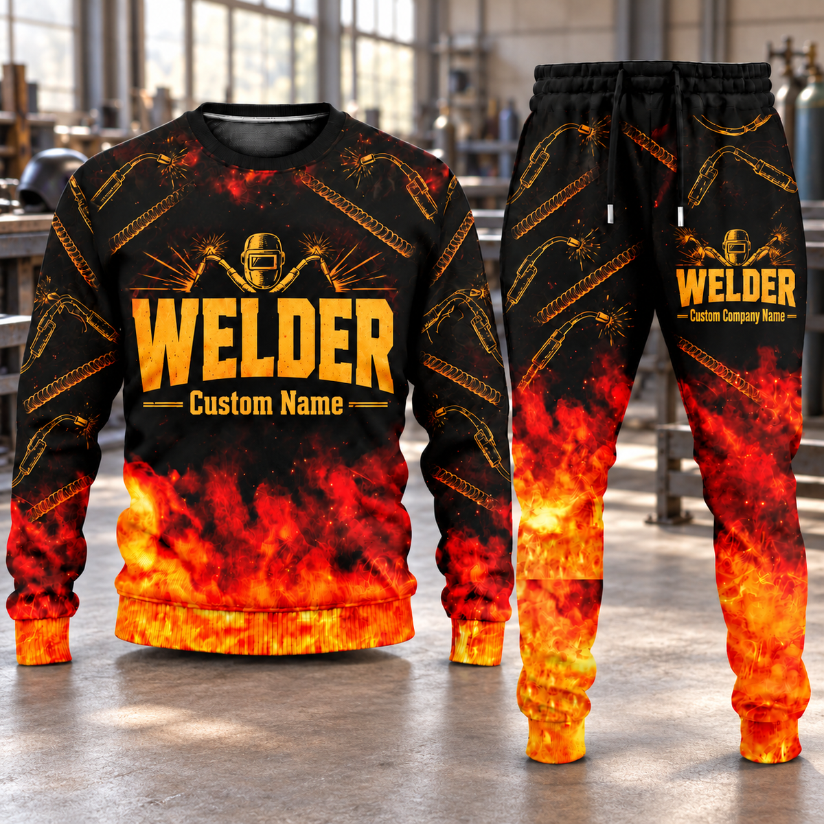 Welder Flame Emblem sweater and jogger combo, hero view with name and company artwork