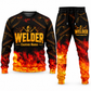 Welder Flame Emblem sweater and jogger combo, typography view with name and company artwork