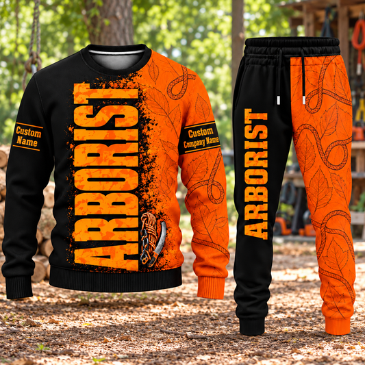 Arborist Vertical Split sweater and jogger combo, hero view with name and company artwork