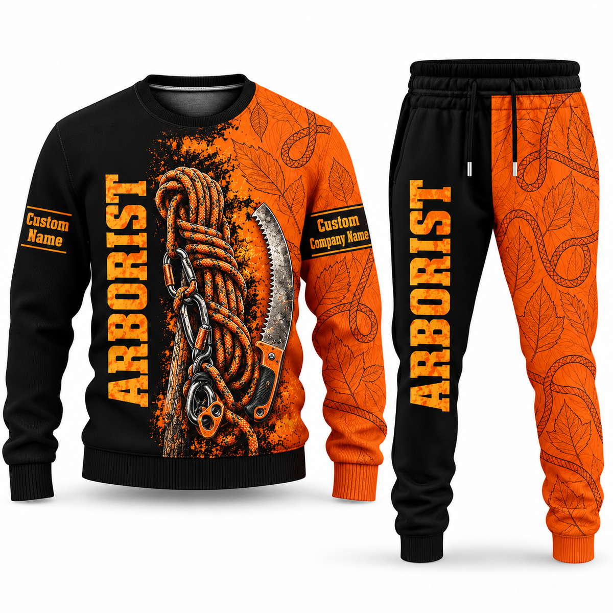 Arborist Vertical Split sweater and jogger combo, tools view with name and company artwork