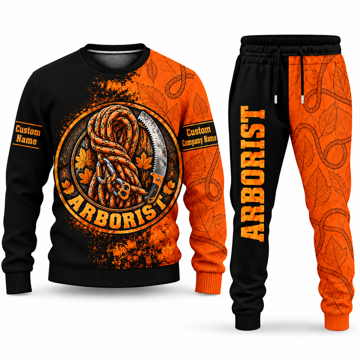 Arborist Vertical Split sweater and jogger combo, emblem view with name and company artwork