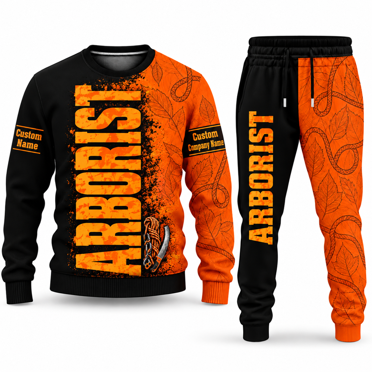 Arborist Vertical Split sweater and jogger combo, typography view with name and company artwork