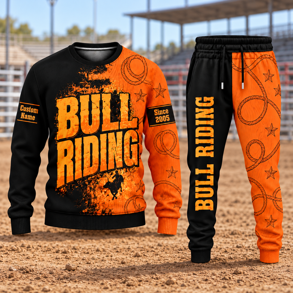 Bull Riding Vertical Split sweater and jogger combo, hero view with name and Since 2005 artwork