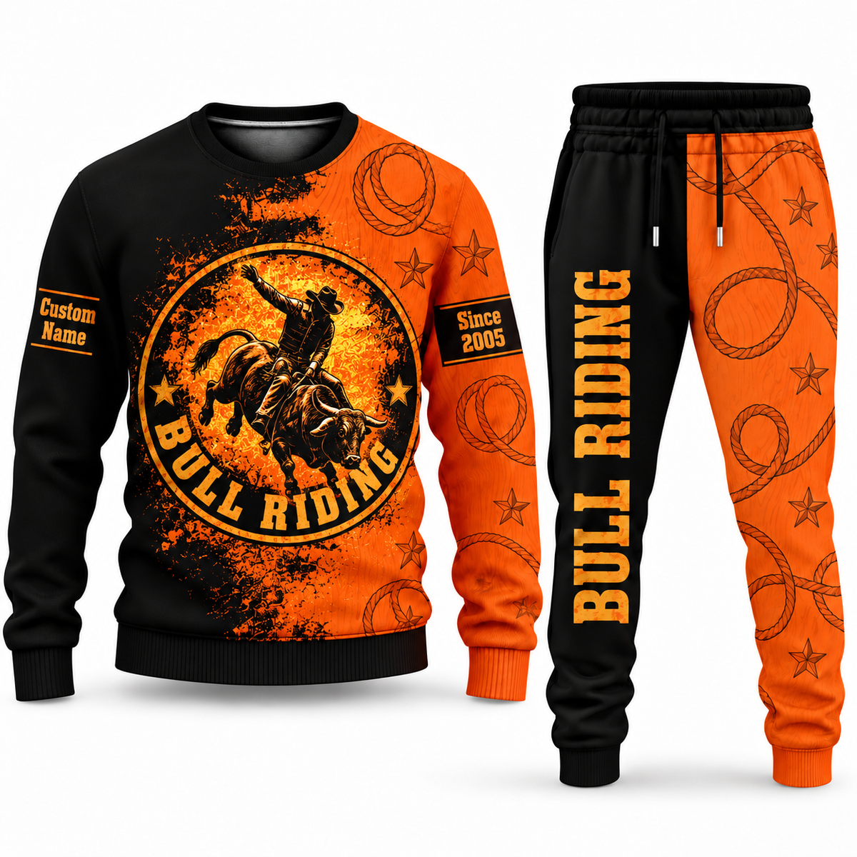 Bull Riding Vertical Split sweater and jogger combo, emblem view with name and Since 2005 artwork
