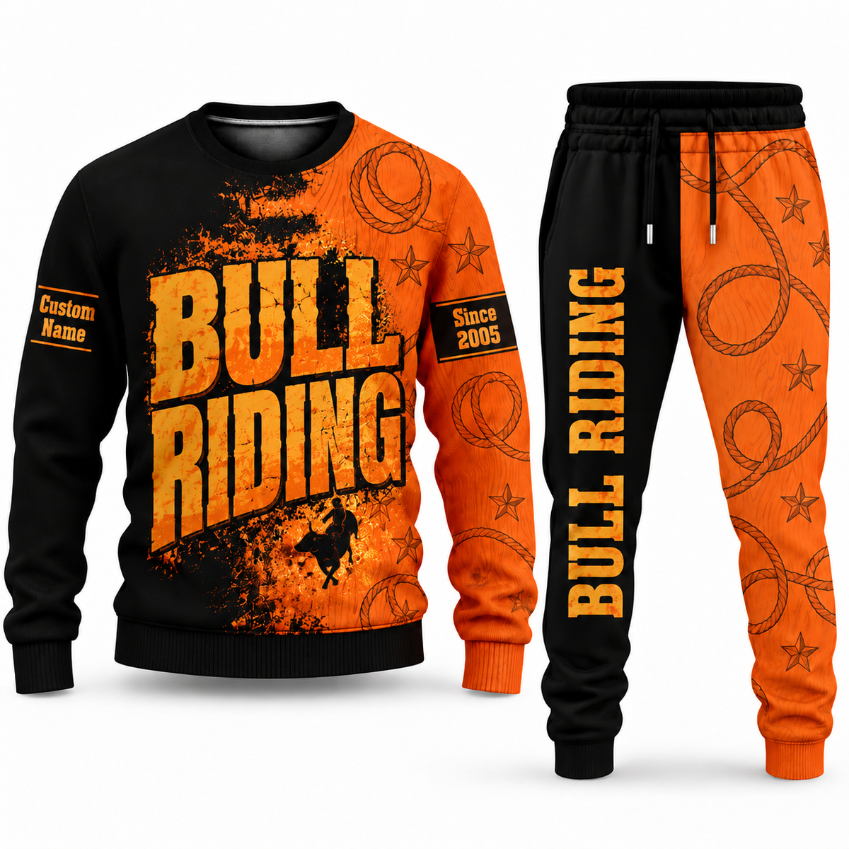 Bull Riding Vertical Split sweater and jogger combo, typography view with name and Since 2005 artwork