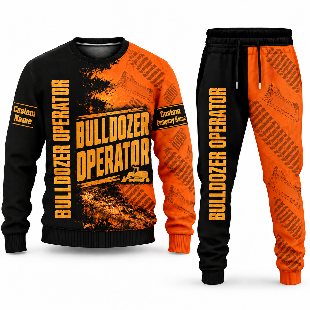 Bulldozer Operator Vertical Split sweater and jogger combo, typography view with name and company artwork