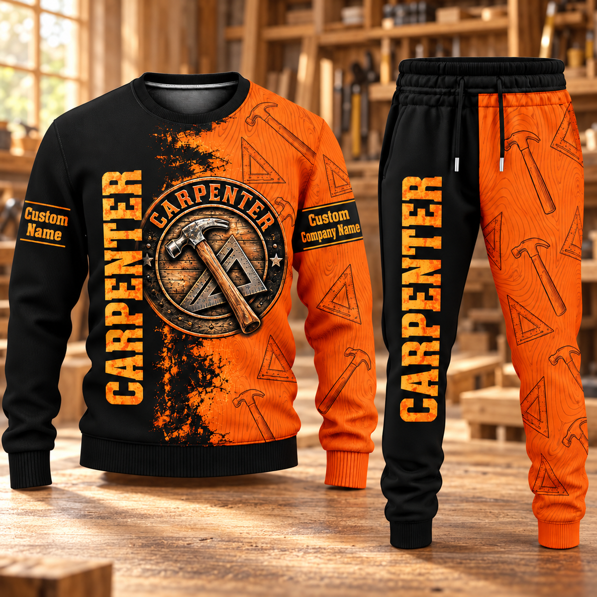 Carpenter Vertical Split sweater and jogger combo, hero view with name and company artwork