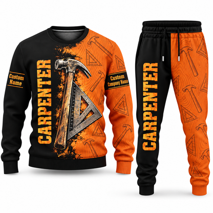 Carpenter Vertical Split sweater and jogger combo, tools view with name and company artwork