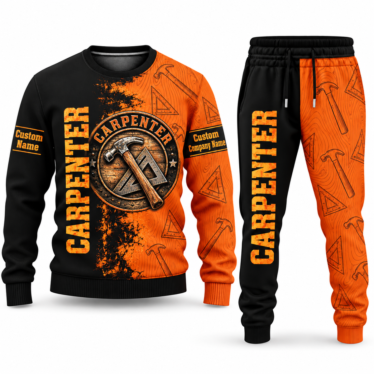 Carpenter Vertical Split sweater and jogger combo, emblem view with name and company artwork