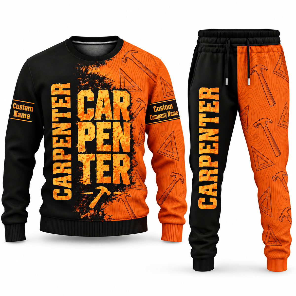Carpenter Vertical Split sweater and jogger combo, typography view with name and company artwork
