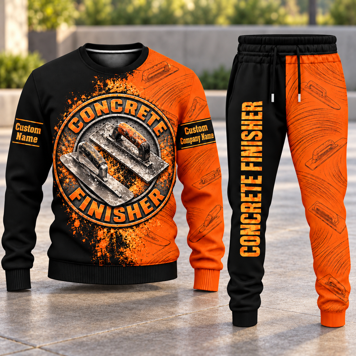 Concrete Finisher Vertical Split sweater and jogger combo, hero view with name and company artwork