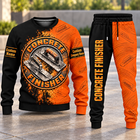 Concrete Finisher Vertical Split sweater and jogger combo, hero view with name and company artwork