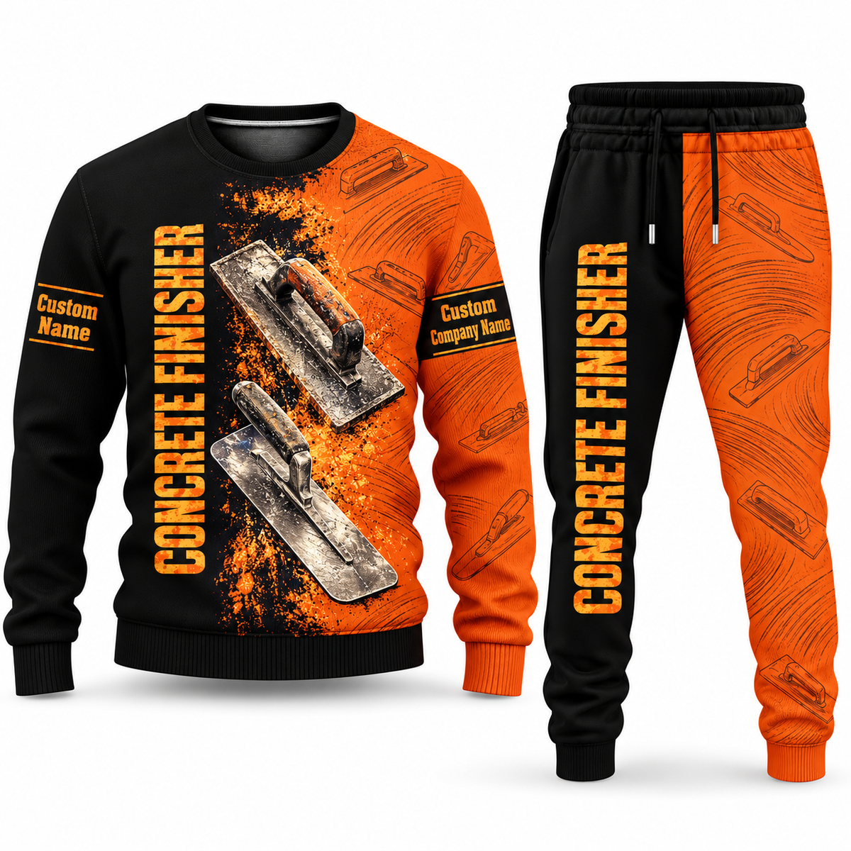 Concrete Finisher Vertical Split sweater and jogger combo, tools view with name and company artwork