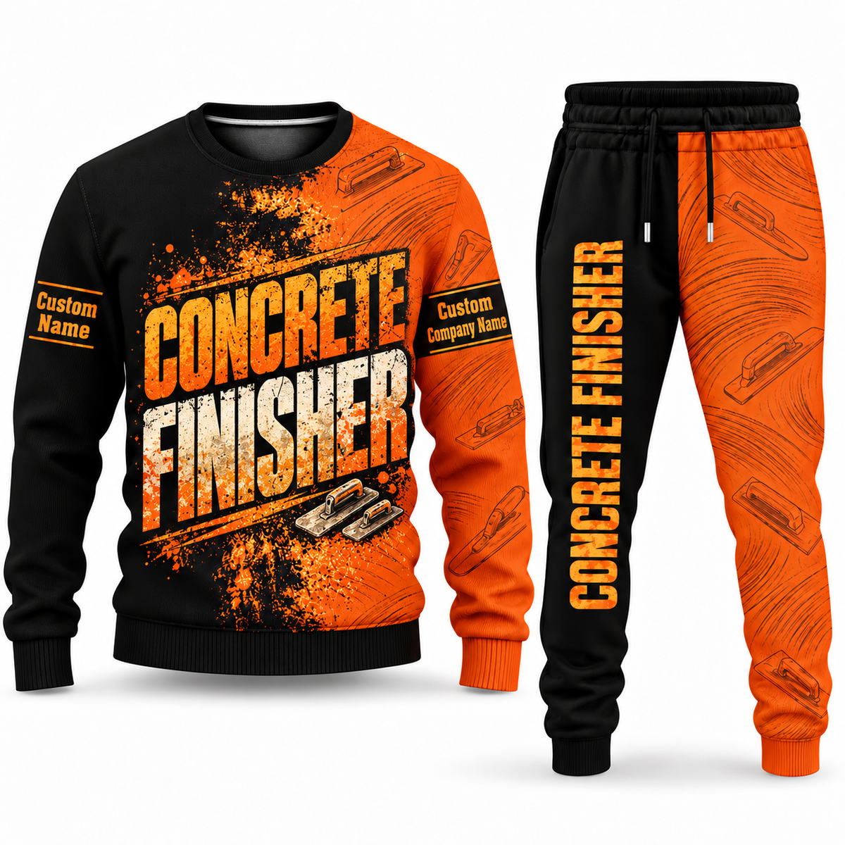 Concrete Finisher Vertical Split sweater and jogger combo, typography view with name and company artwork