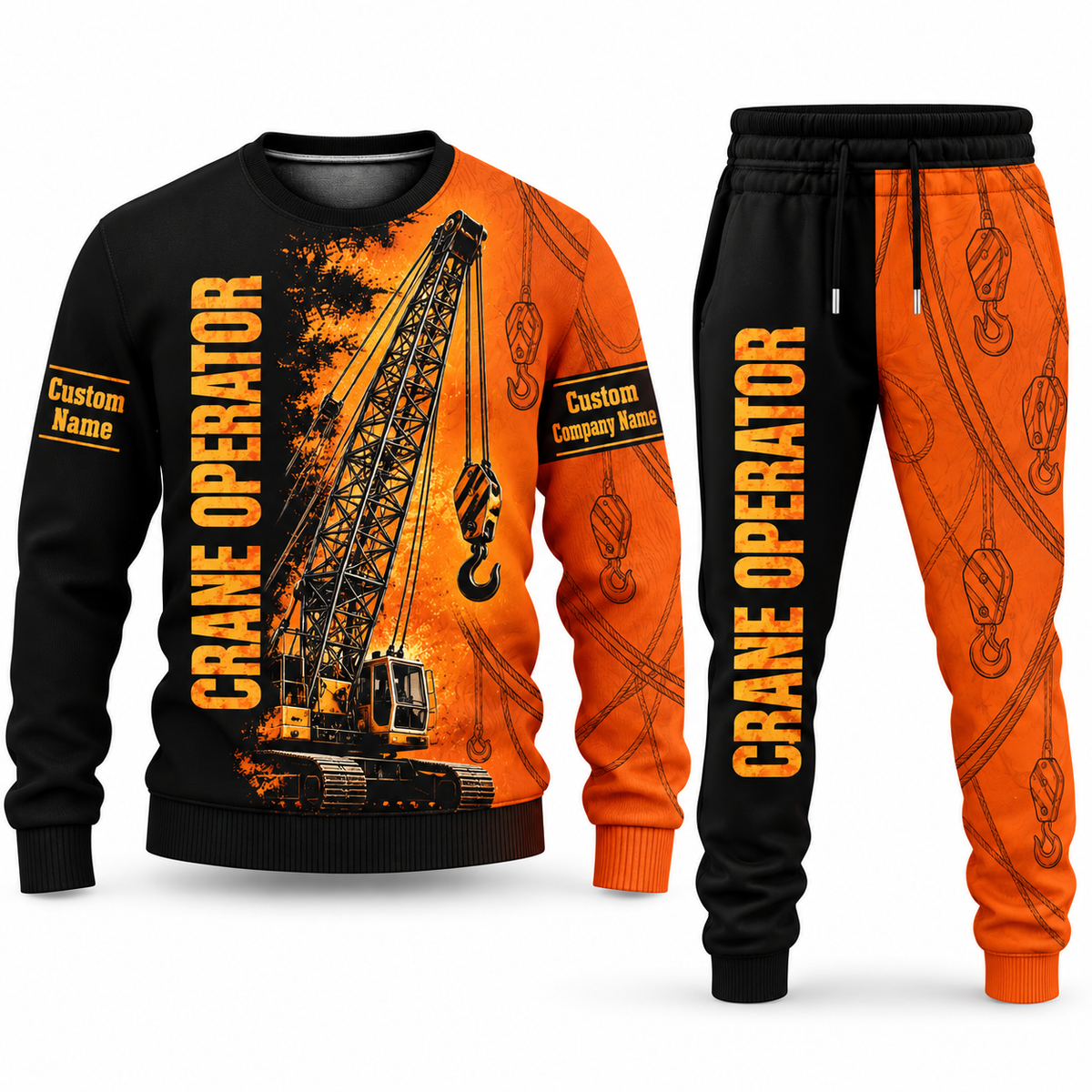 Crane Operator Vertical Split sweater and jogger combo, tools view with name and company artwork