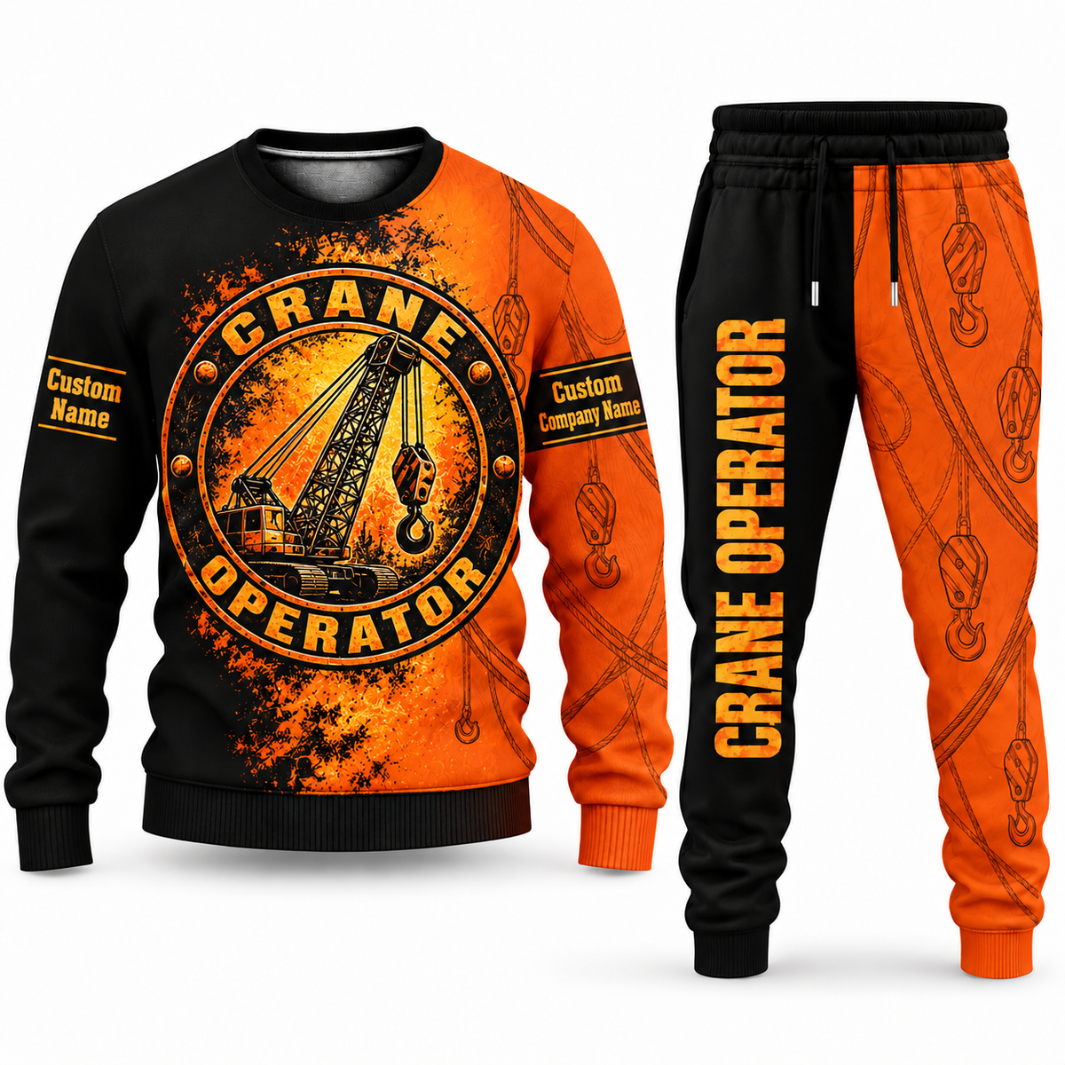 Crane Operator Vertical Split sweater and jogger combo, emblem view with name and company artwork