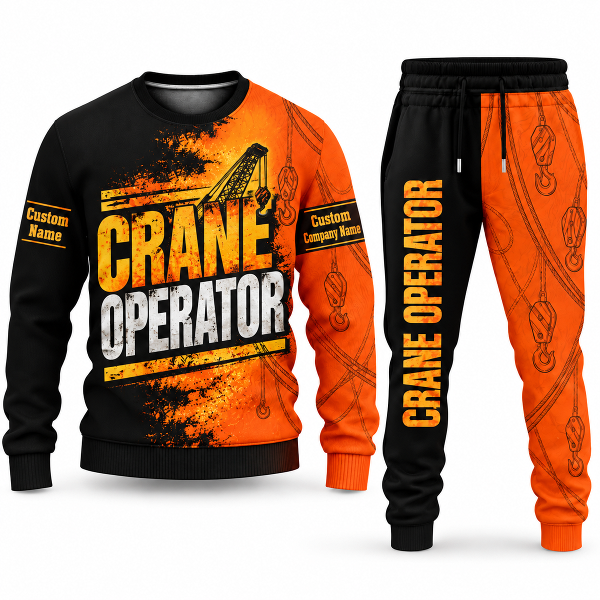 Crane Operator Vertical Split sweater and jogger combo, typography view with name and company artwork