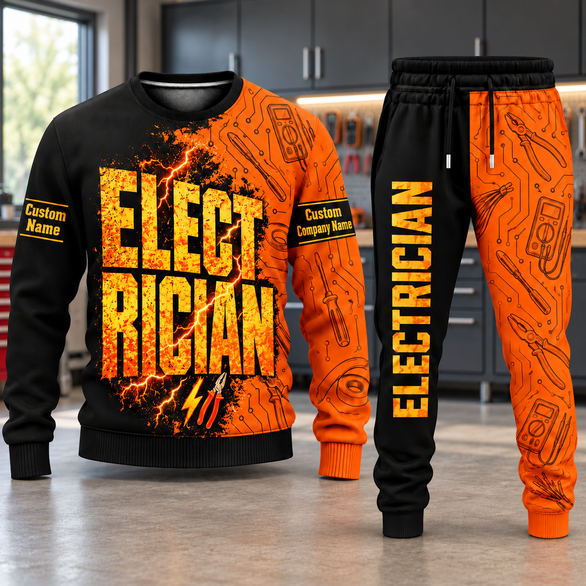 Electrician Vertical Split sweater and jogger combo, hero view with name and company artwork