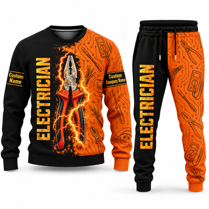 Electrician Vertical Split sweater and jogger combo, tools view with name and company artwork