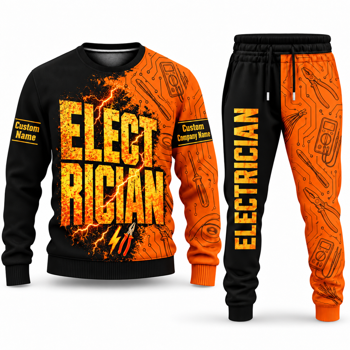 Electrician Vertical Split sweater and jogger combo, typography view with name and company artwork