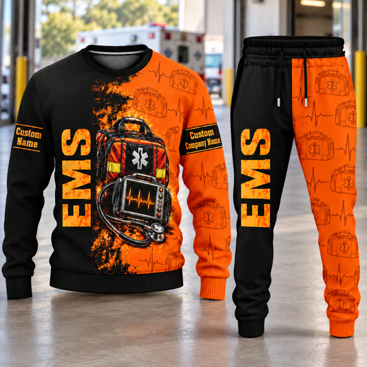 EMS Vertical Split sweater and jogger combo, hero view with name and company artwork