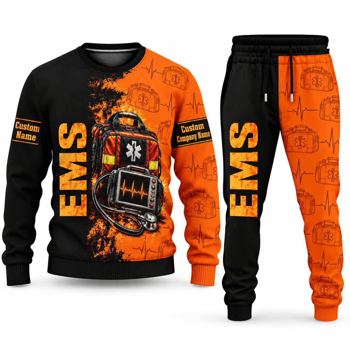 EMS Vertical Split sweater and jogger combo, tools view with name and company artwork