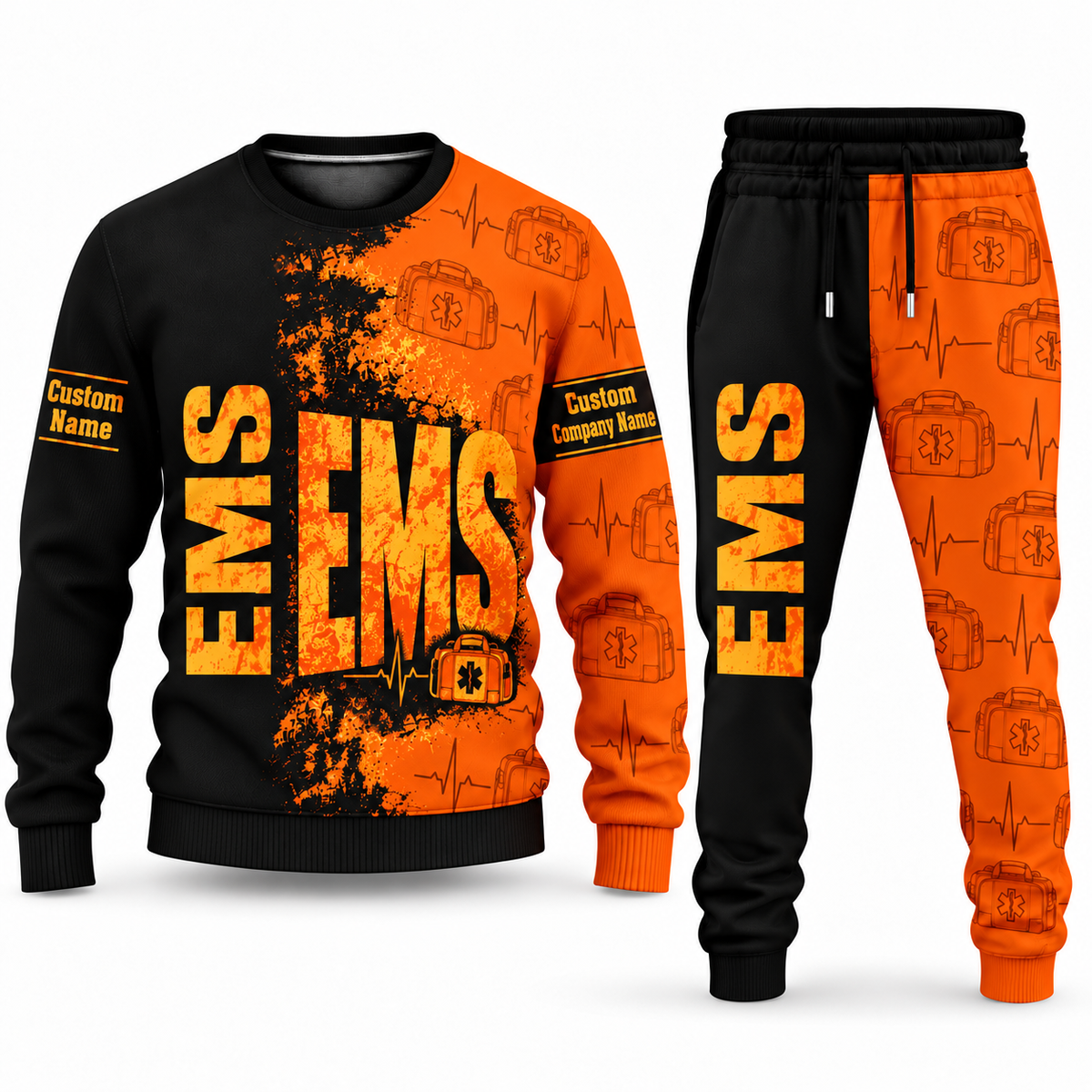 EMS Vertical Split sweater and jogger combo, typography view with name and company artwork