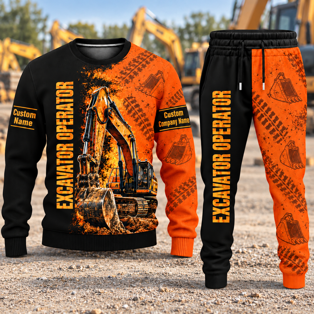 Excavator Operator Vertical Split sweater and jogger combo, hero view with name and company artwork
