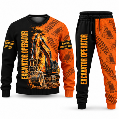 Excavator Operator Vertical Split sweater and jogger combo, tools view with name and company artwork