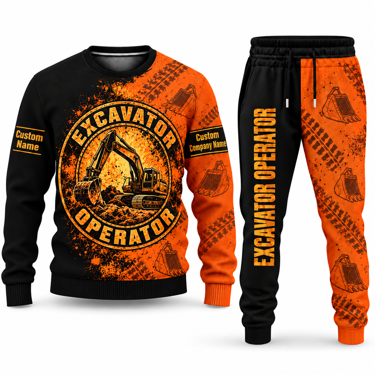 Excavator Operator Vertical Split sweater and jogger combo, emblem view with name and company artwork