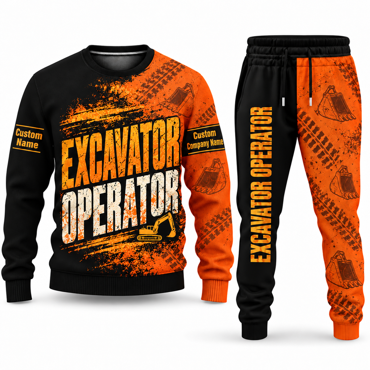 Excavator Operator Vertical Split sweater and jogger combo, typography view with name and company artwork