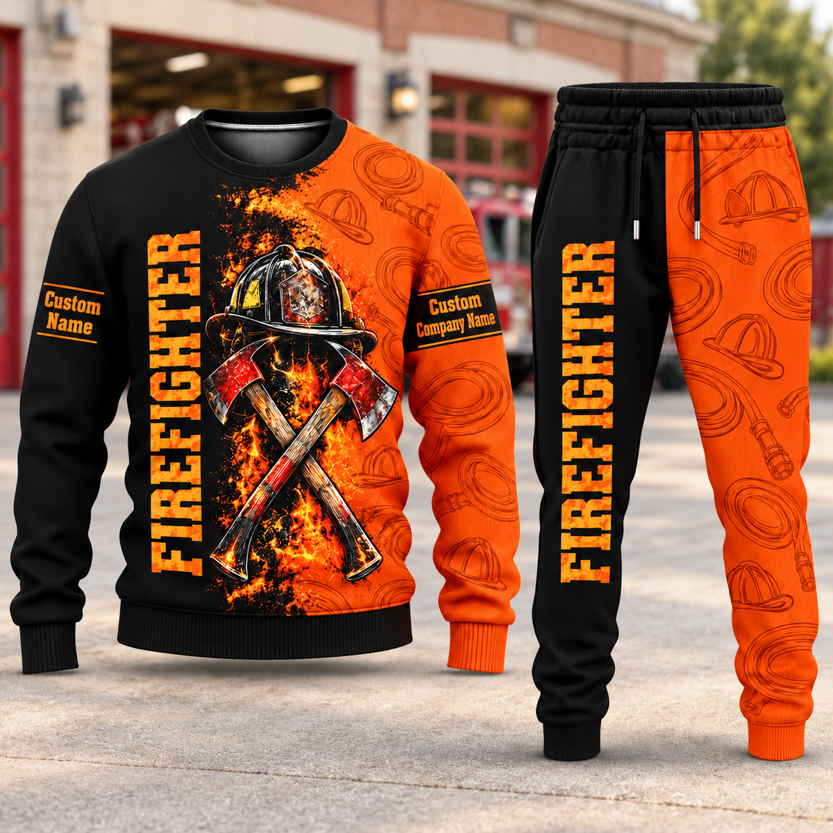 Firefighter Vertical Split sweater and jogger combo, hero view with name and company artwork