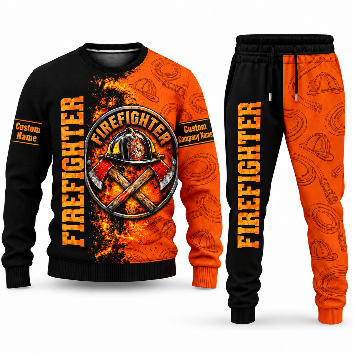 Firefighter Vertical Split sweater and jogger combo, emblem view with name and company artwork